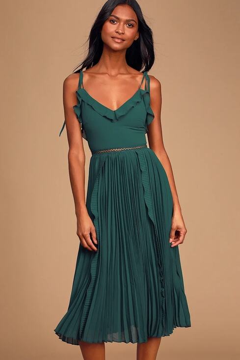 Lulu’s Dresses & Skirts - Lulu’s | Never a Dull Moment Emerald Green Tie Strap Pleated Lace Waist Midi